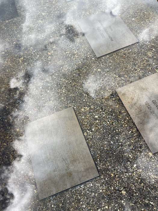 Nahaufnahme in wassergefüllten Steintrog mit Urnenplaquetten, Fotografie Thomas Pfister