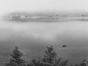 Morgennebel mit einem einsamen Fischerboot auf dem Lac de Malbuisson, Fotografie von Thomas Pfister